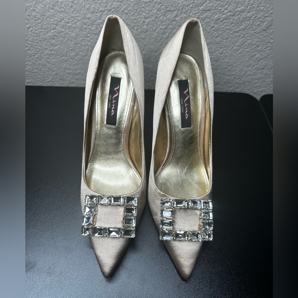 Nina Champagne Satin Heel w/ Rhinestone Buckle 9.5